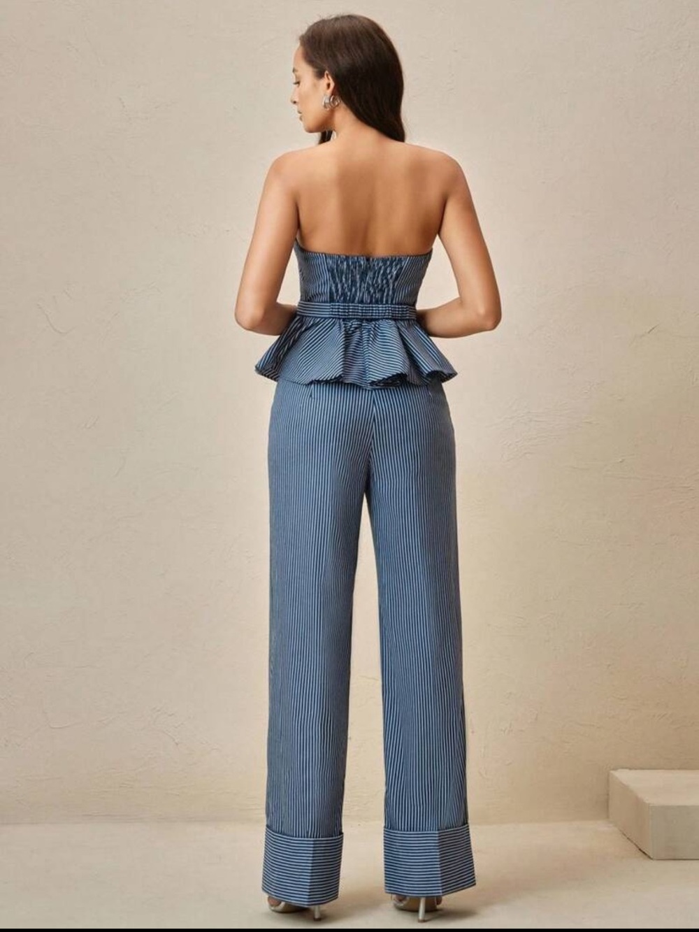 Strapless Pinstripe Peplum Set in Blue - Picture 2 of 2